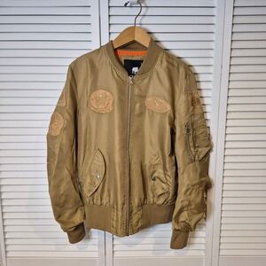 American Stitch Bomber Jacket M Khaki Tan Patches‎ Orange Lining Unisex